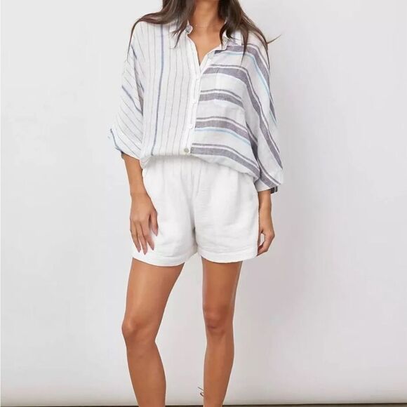Rails Finley Shirt Mixed Agean Blue Stripe Linen Blend Women’s SIZE SMALL - Picture 2 of 14